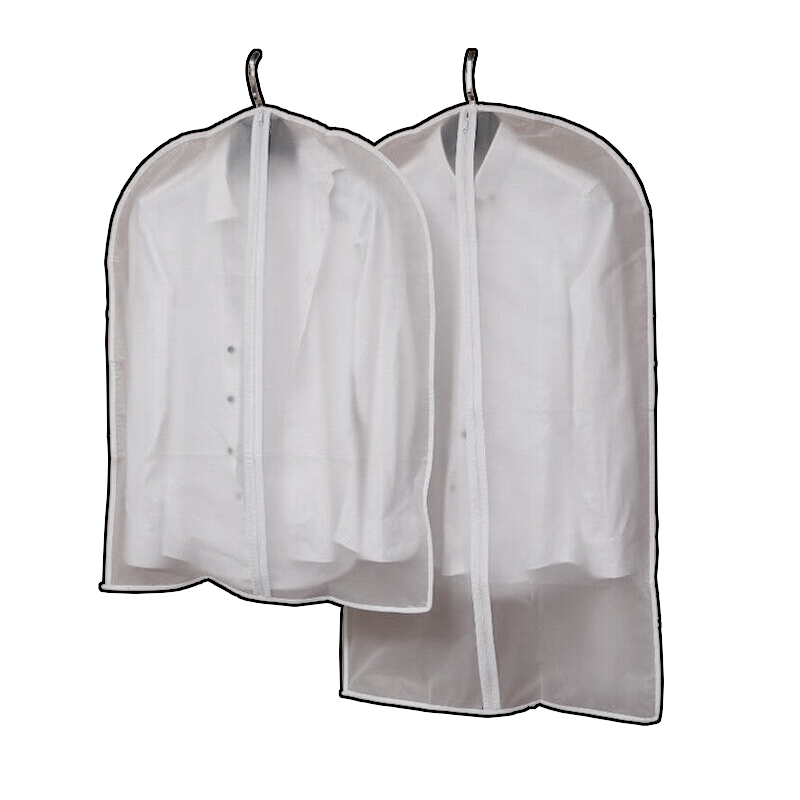 Two white laundry hampers hanging side by side, made of mesh with zippers and metal hooks at the top.