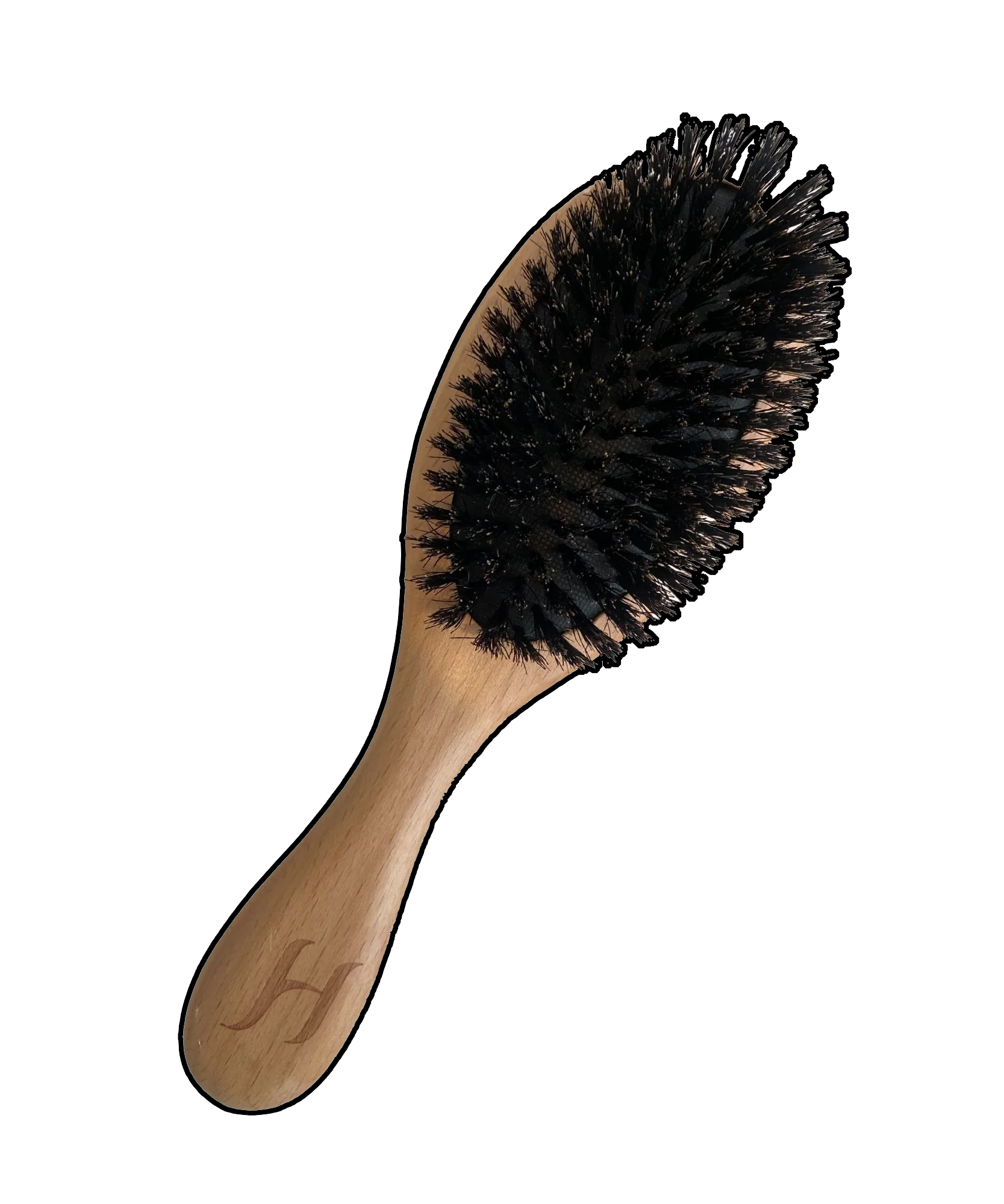 A wooden hairbrush with black bristles against a black and white background.