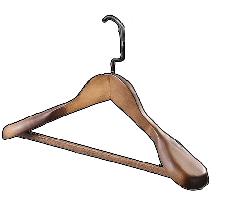 Wooden clothes hanger hanging from a metal hook